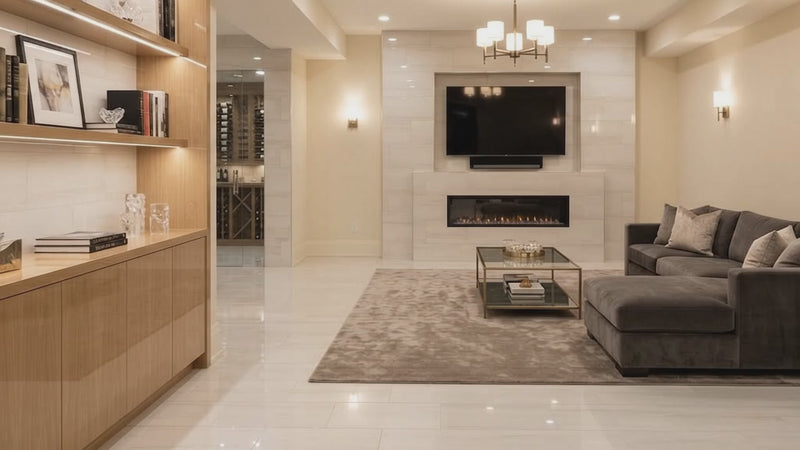 A modern living room with a dark gray sectional sofa, a glass coffee table, a built-in fireplace, and a large light-colored tile floor. A wooden bookshelf with built-in lighting is visible on the left.