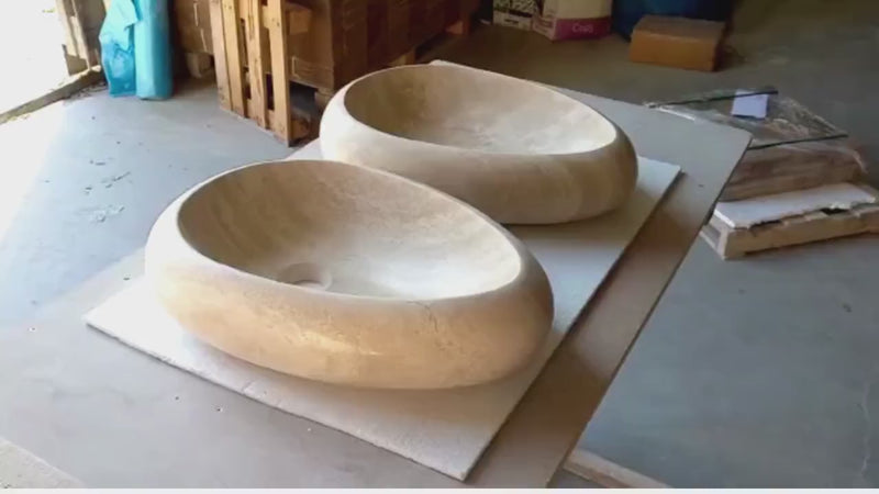 Handcrafted Natural Travertine Beige Oval Vessel Sink W 14L 20in