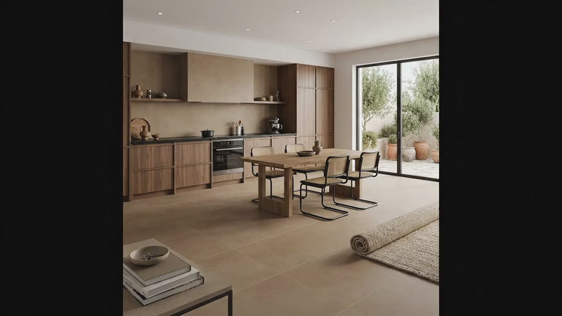 A modern kitchen and dining area with warm beige cabinetry, a wooden dining table, four black-framed chairs, and large glass doors opening to a patio with potted plants.