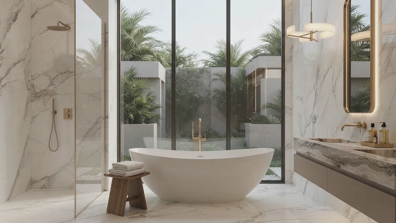 A luxury modern bathroom featuring a white freestanding oval bathtub, a glass shower enclosure, a floating vanity with a marble countertop, and large floor-to-ceiling windows overlooking a tropical garden.