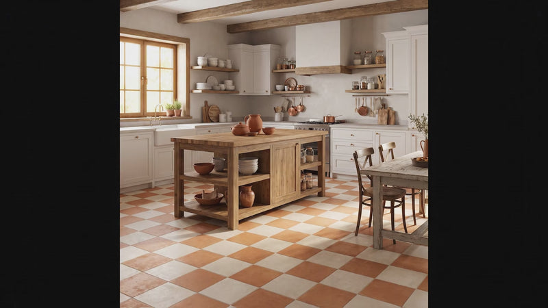 A rustic kitchen interior with a large wooden island in the center, terracotta and cream checkered tile flooring, white cabinets, exposed wood beams, and pottery displayed on shelves and countertops.