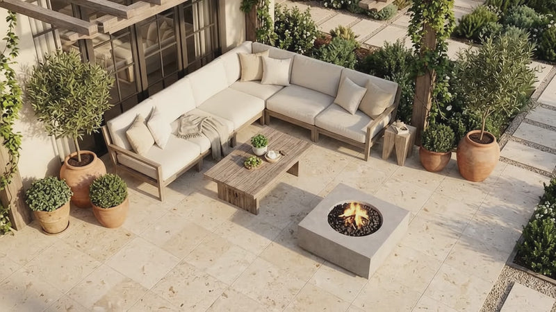 An outdoor patio scene with a light beige sectional sofa, matching coffee table, and a square fire pit on a stone tile patio. The area is styled with potted plants, a wooden pergola, and a house exterior in the background.