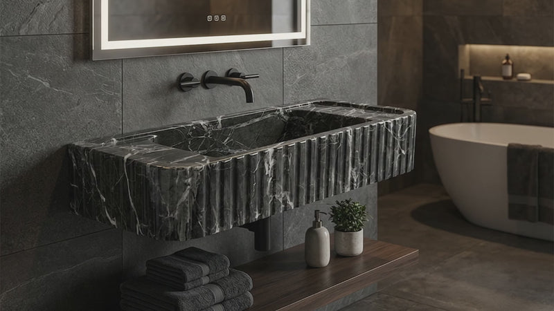 Green Levanto Marble Rectangular Wall Mount Fluted Bathroom Sink