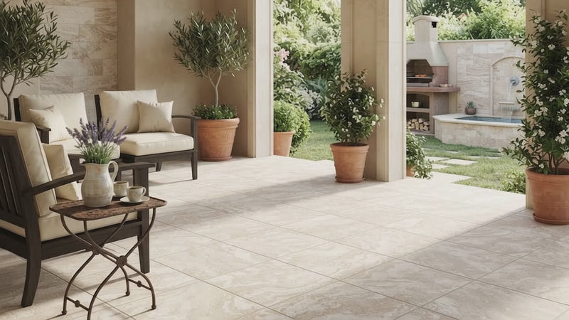 Large beige stone-look floor tiles installed in a luxurious outdoor patio with arches, furnished seating, and potted plants.
