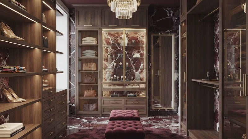 A luxury walk-in closet with dark wood cabinetry, a deep burgundy plush rug, a matching tufted bench, and a gold chandelier. Shelves on both sides display folded garments and shoes, and marble-patterned walls and floor are visible.