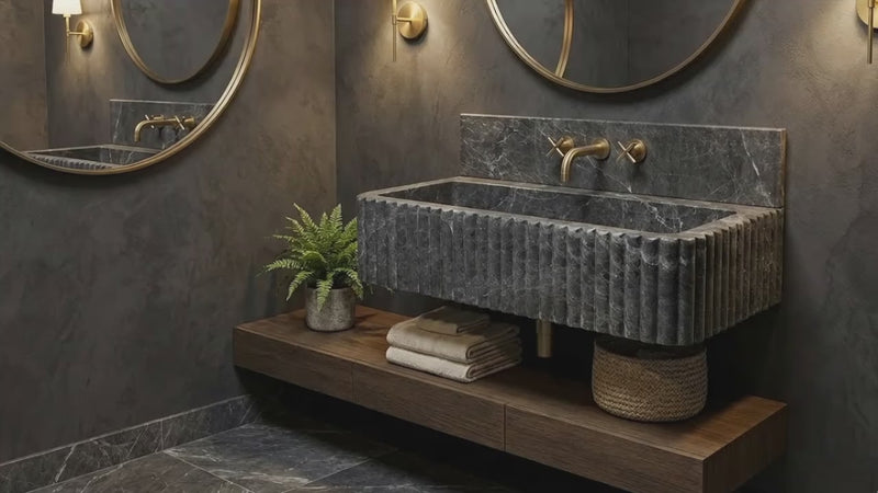 Sirius Black Marble Ribbed Wall Mount Sink with Backsplash Honed