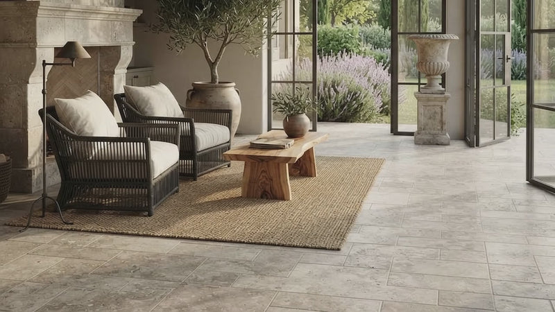 Large-format travertine pavers floor tiles in a warm gray-brown tone, shown in a beautifully styled outdoor patio setting with a fireplace, wicker furniture, a wooden coffee table, and a large potted olive tree.