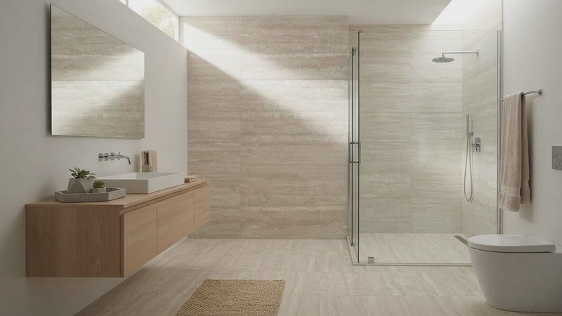 A modern bathroom interior with a glass shower enclosure, floating wooden vanity, white toilet, and beige stone tile walls and floor.