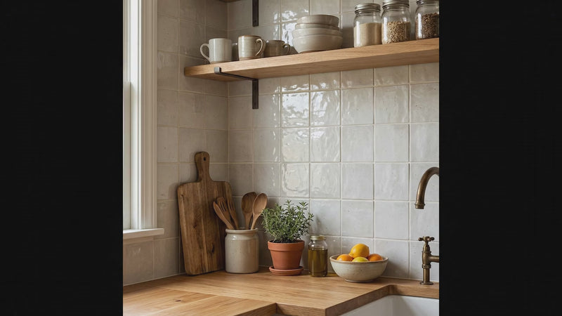 A styled kitchen corner with glossy off-white ceramic tiles, a light wood countertop and floating shelf, wooden cutting boards and utensils, a small potted green plant, and a bowl of oranges.