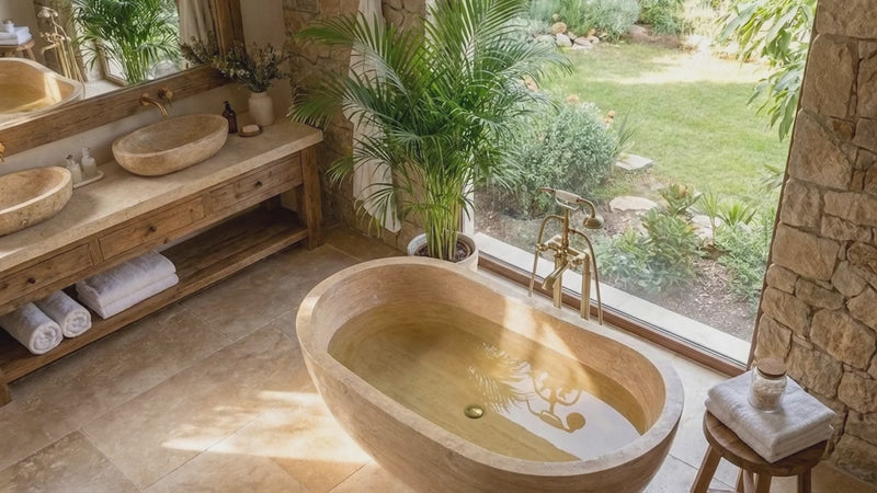 Troia Light Travertine Hand Carved Bathtub 32x70 Honed