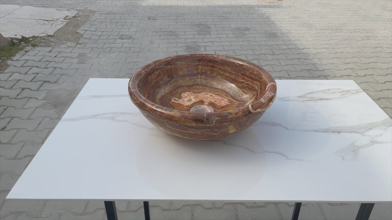 Brown onyx translucent natural stone drop-in vessel sink polished d16 h6 SKU EGEBOXP166 360 view