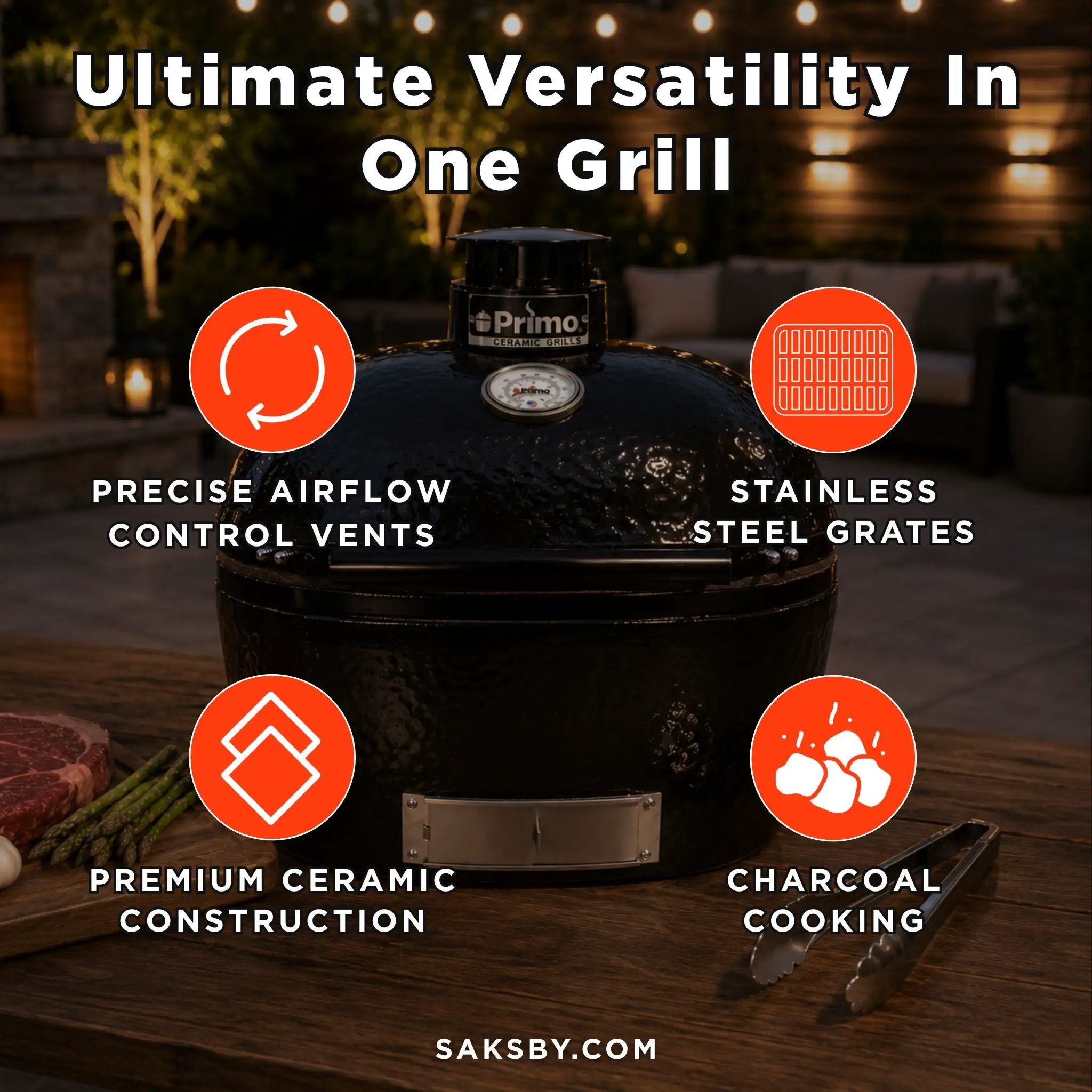 Primo Oval XL 400 Ceramic Kamado BBQ Grill W/ Stainless Steel Grates [PGCXLH] (SAK23100) by SAKSBY WHOLESALE