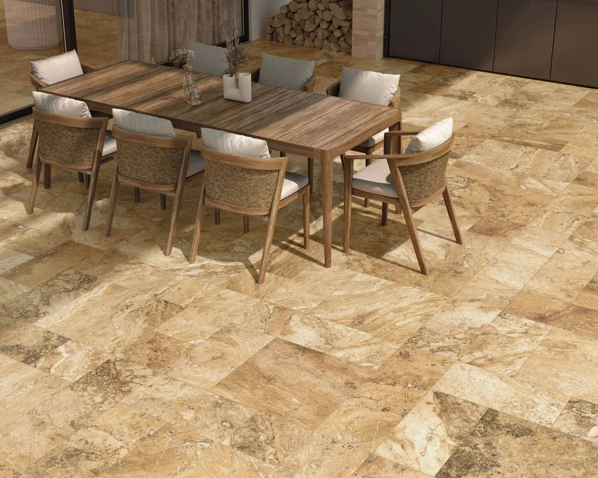 Frontier20 Travertine Select Cross Cut Scabas Look Porcelain Pavers 12x24 by landmarkceramics