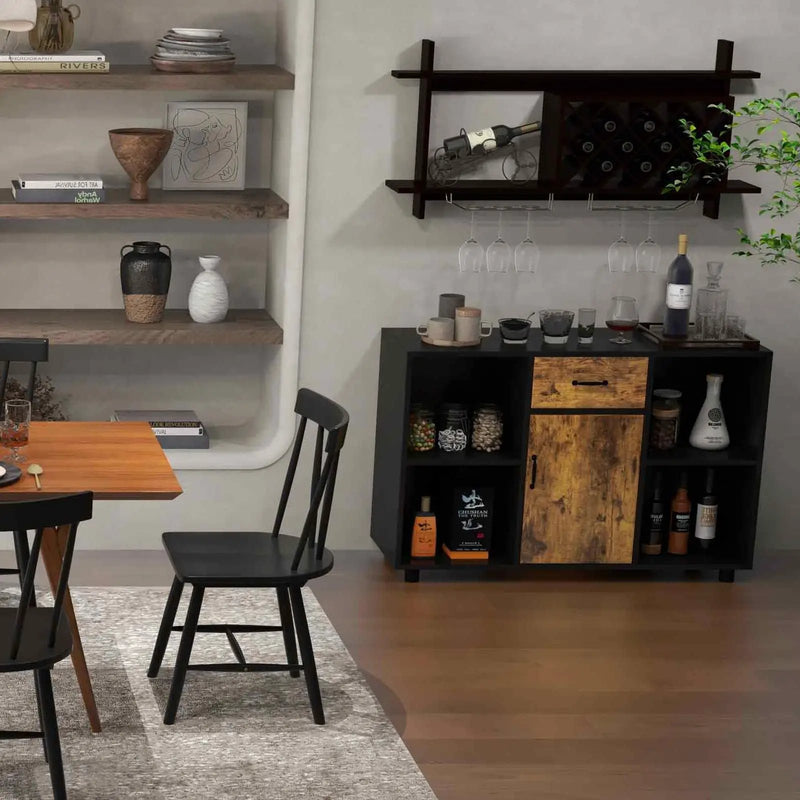 3-in-1 Dining Set: Windsor Chairs Industrial Sideboard & Wall-Mount Wine Rack Combo by DirectDeals