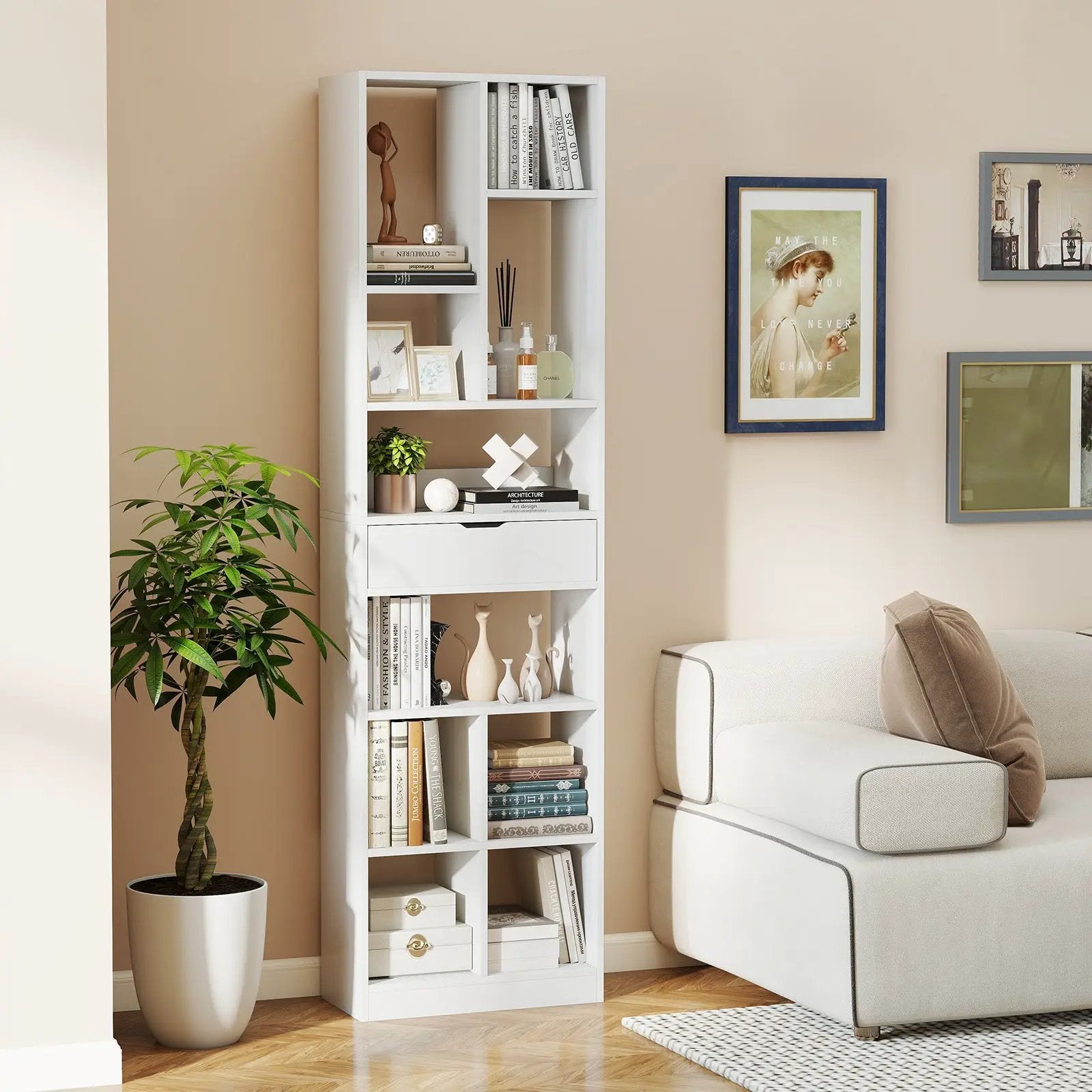7-tier Bookshelf with Drawer 180cm Floor Standing Display Rack Storage Shelf-White by DirectDeals