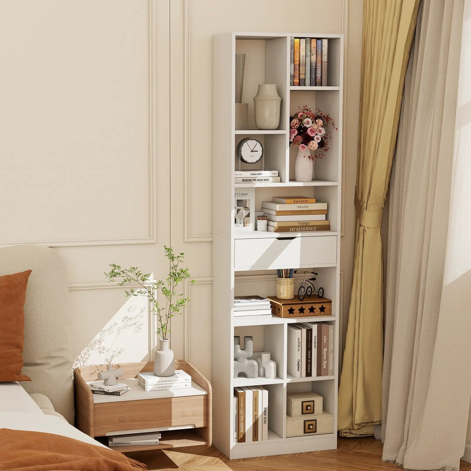 7-tier Bookshelf with Drawer 180cm Floor Standing Display Rack Storage Shelf-White by DirectDeals