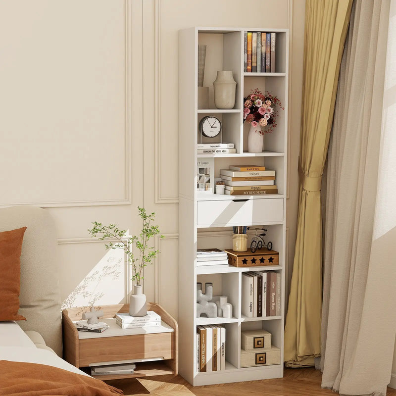7-tier Bookshelf with Drawer 180cm Floor Standing Display Rack Storage Shelf-White by DirectDeals