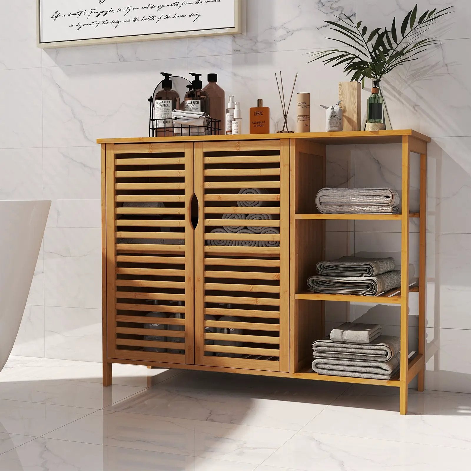 Bamboo Bathroom Cabinet 2-Door Storage Organizer with Shelves-Natural by DirectDeals