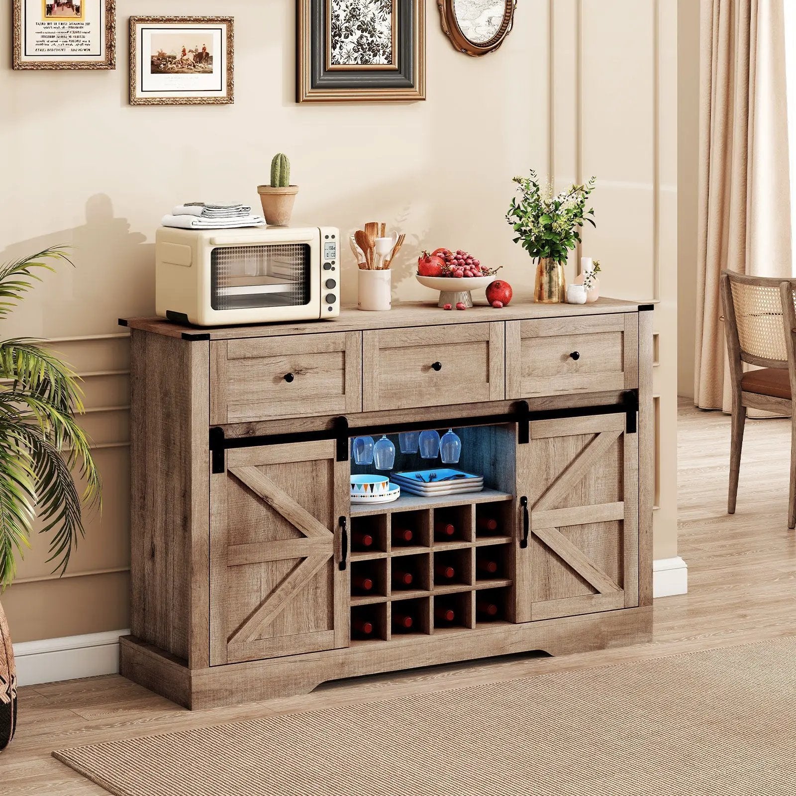 52 Inches Wine Bar Cabinet with LED Lights and Sliding Barn Doors by DirectDeals