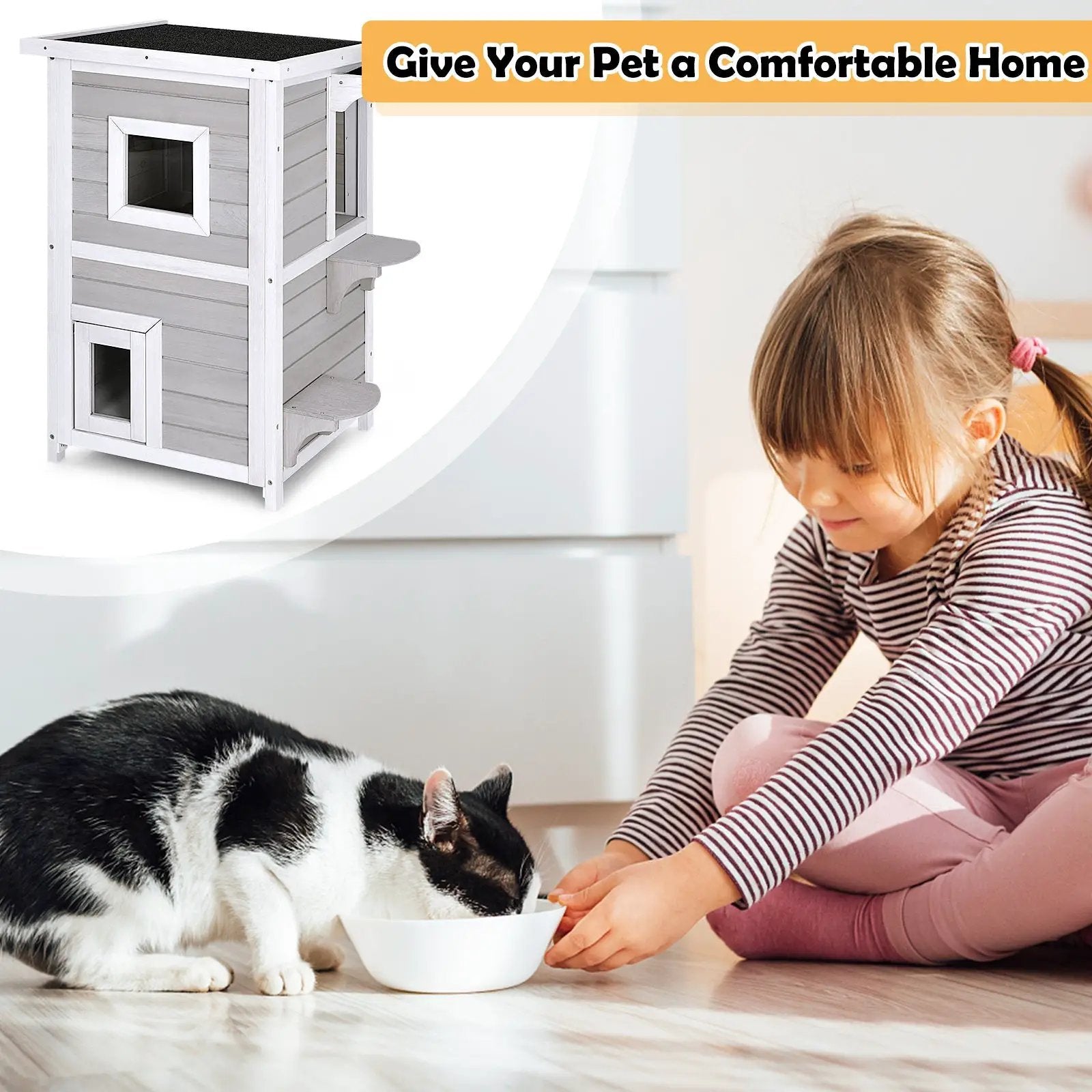 2-Story Wooden Cat House with Escape Door Rainproof by DirectDeals