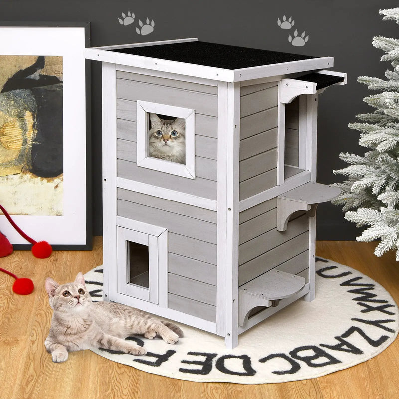 2-Story Wooden Cat House with Escape Door Rainproof by DirectDeals