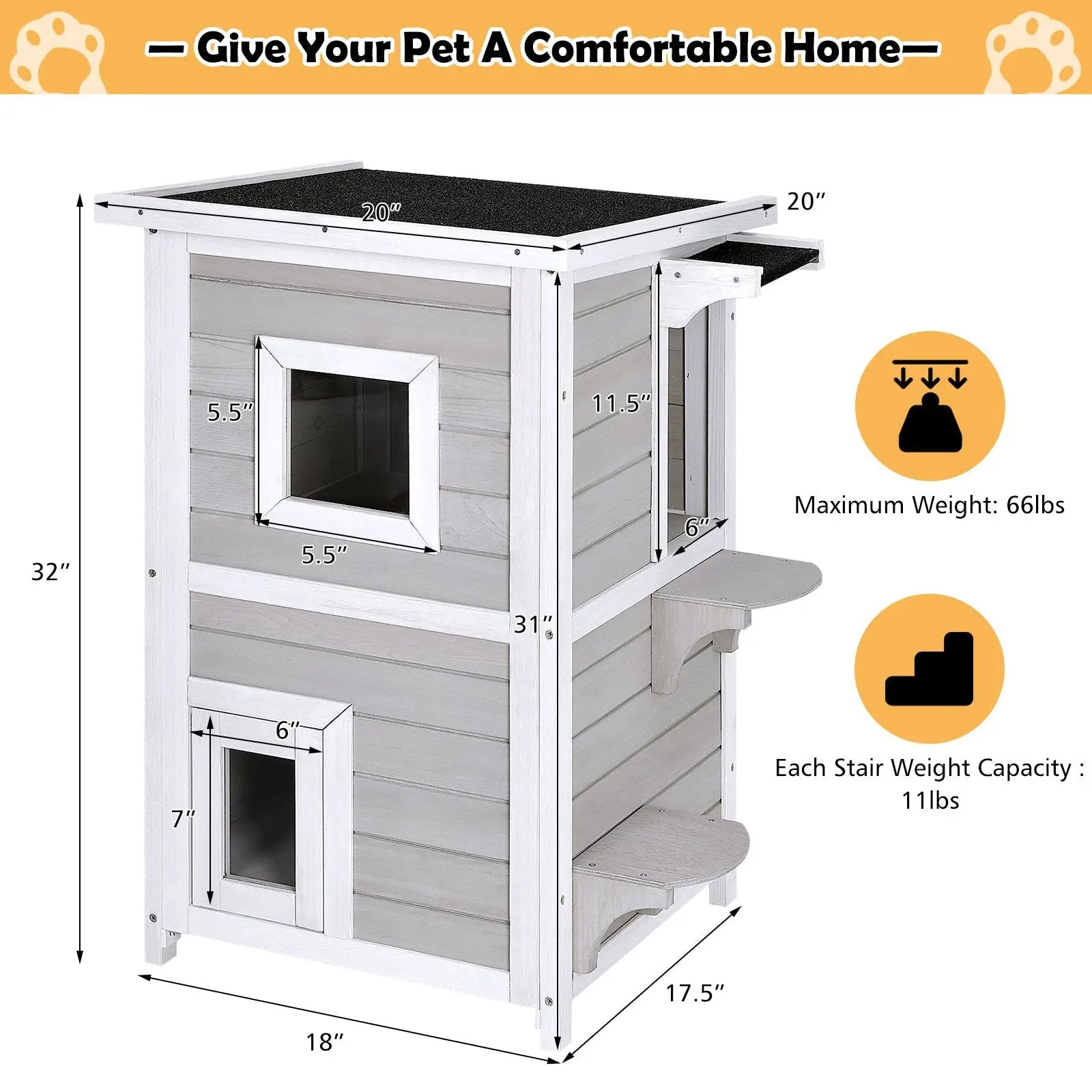 2-Story Wooden Cat House with Escape Door Rainproof by DirectDeals