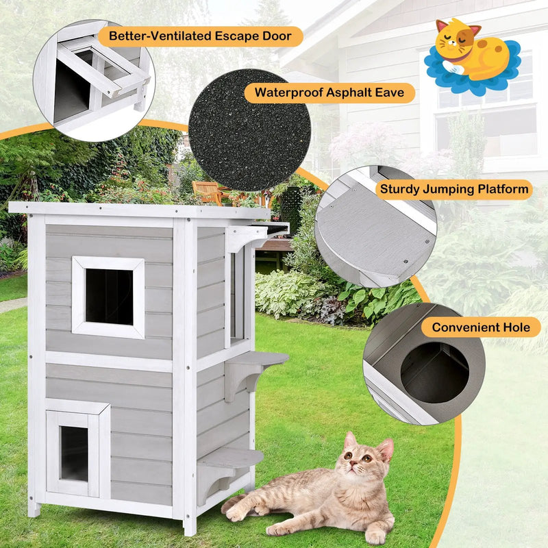 2-Story Wooden Cat House with Escape Door Rainproof by DirectDeals