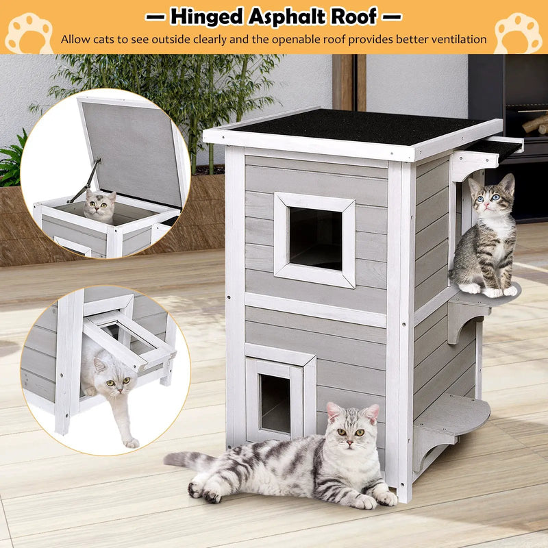 2-Story Wooden Cat House with Escape Door Rainproof by DirectDeals