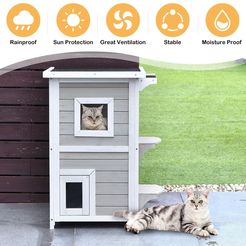 2-Story Wooden Cat House with Escape Door Rainproof by DirectDeals