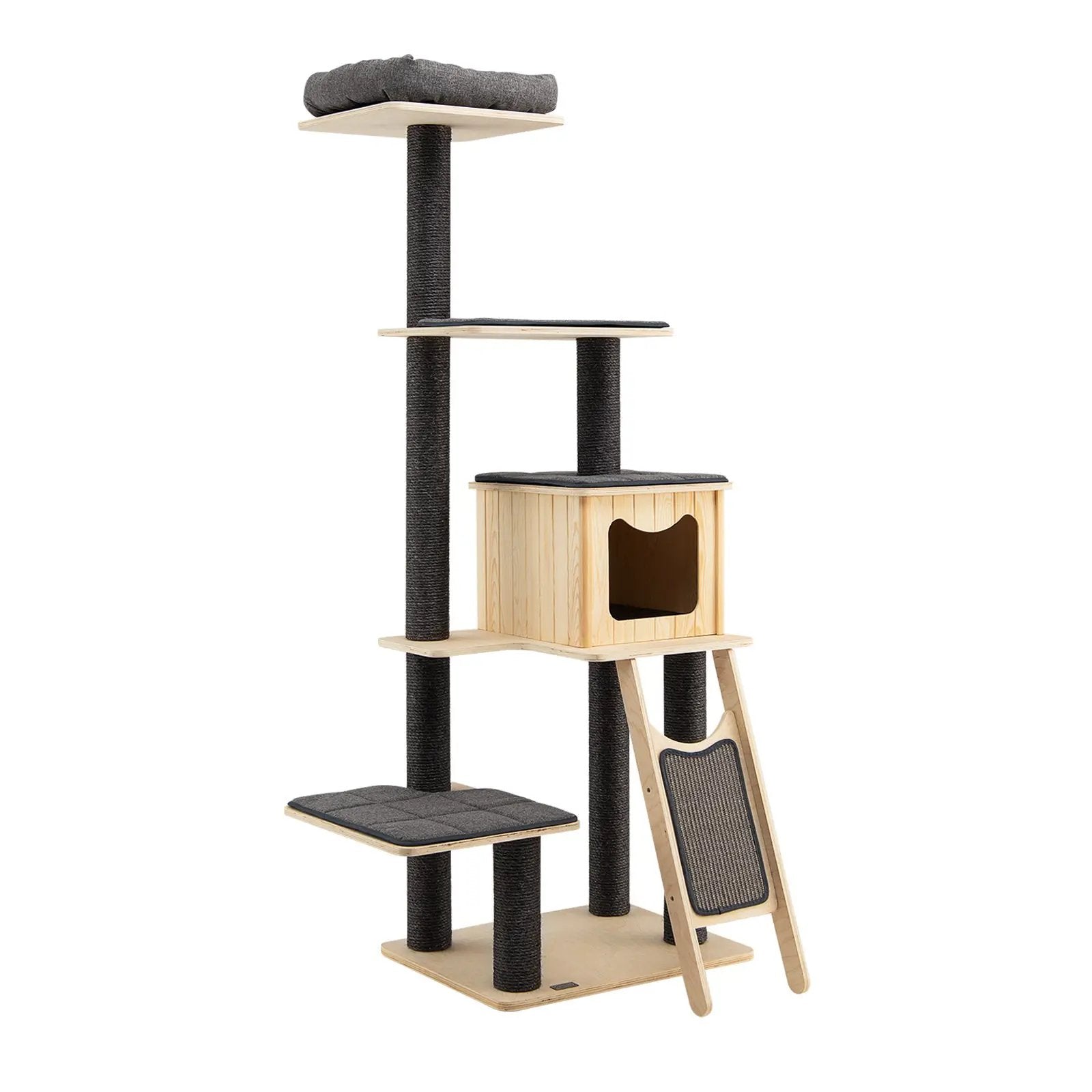 5-Tier Modern Wood Cat Tower with Washable Cushions-Gray by DirectDeals