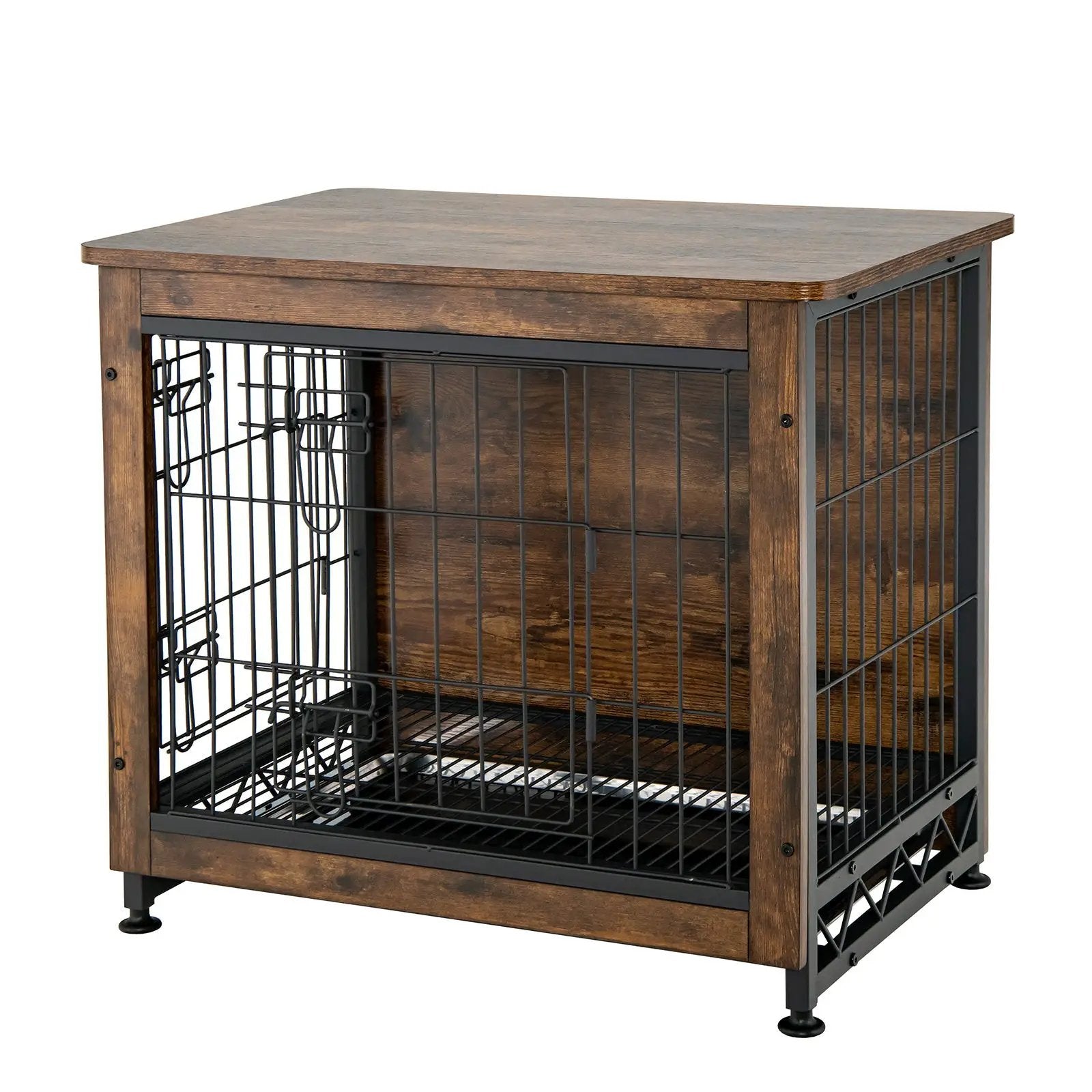 Wooden Dog Crate Furniture with Tray and Double Door-Brown by DirectDeals