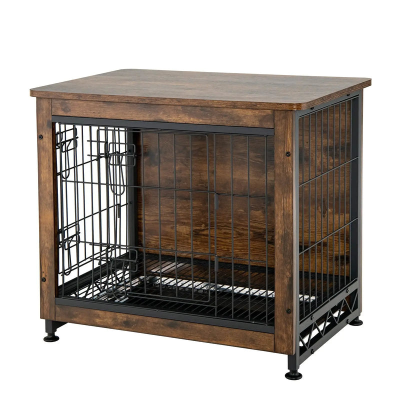 Wooden Dog Crate Furniture with Tray and Double Door-Brown by DirectDeals