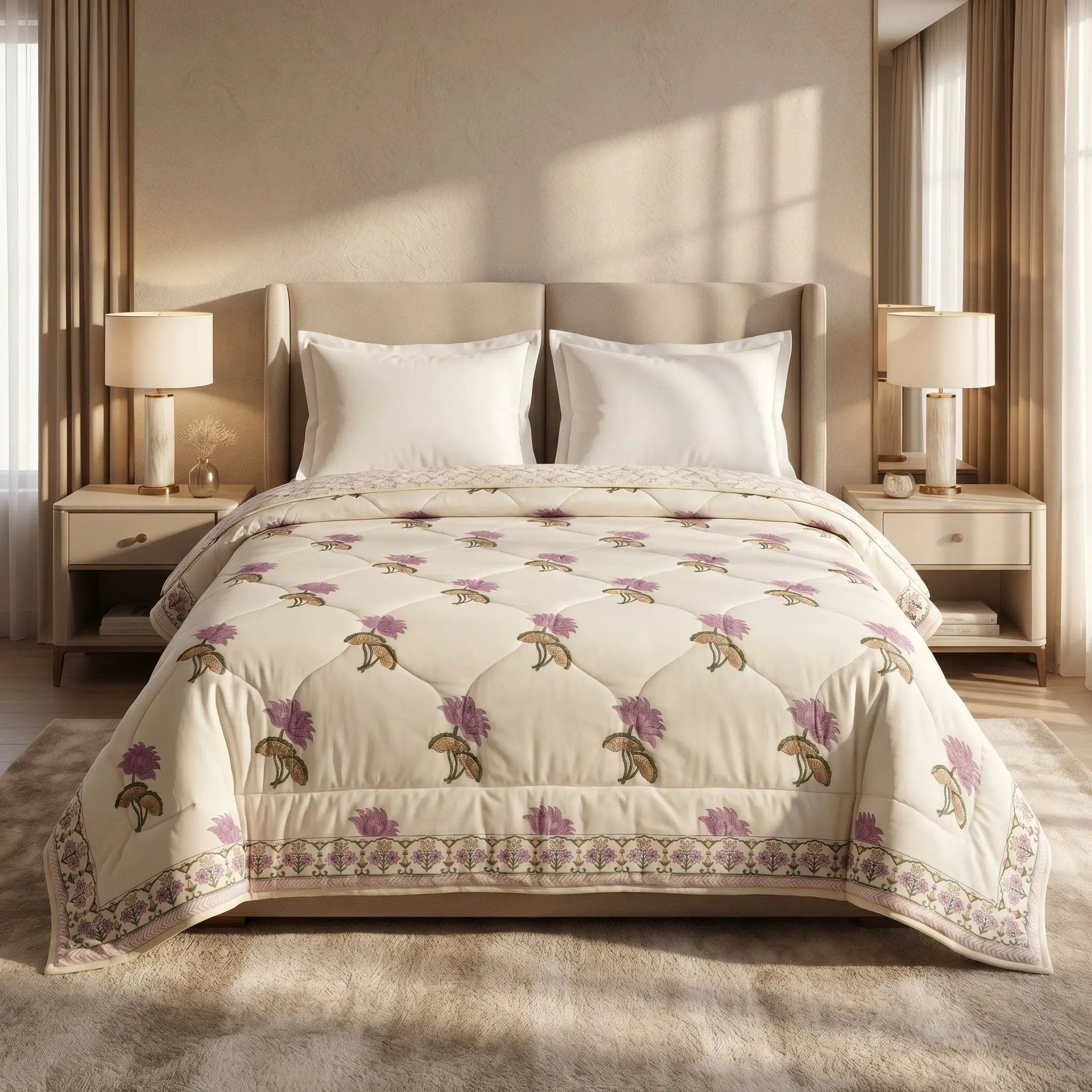 House of Avana Cream & Mauve Floral Jaipur Indian Hand Block Print Quilted Comforter by House Of Avana