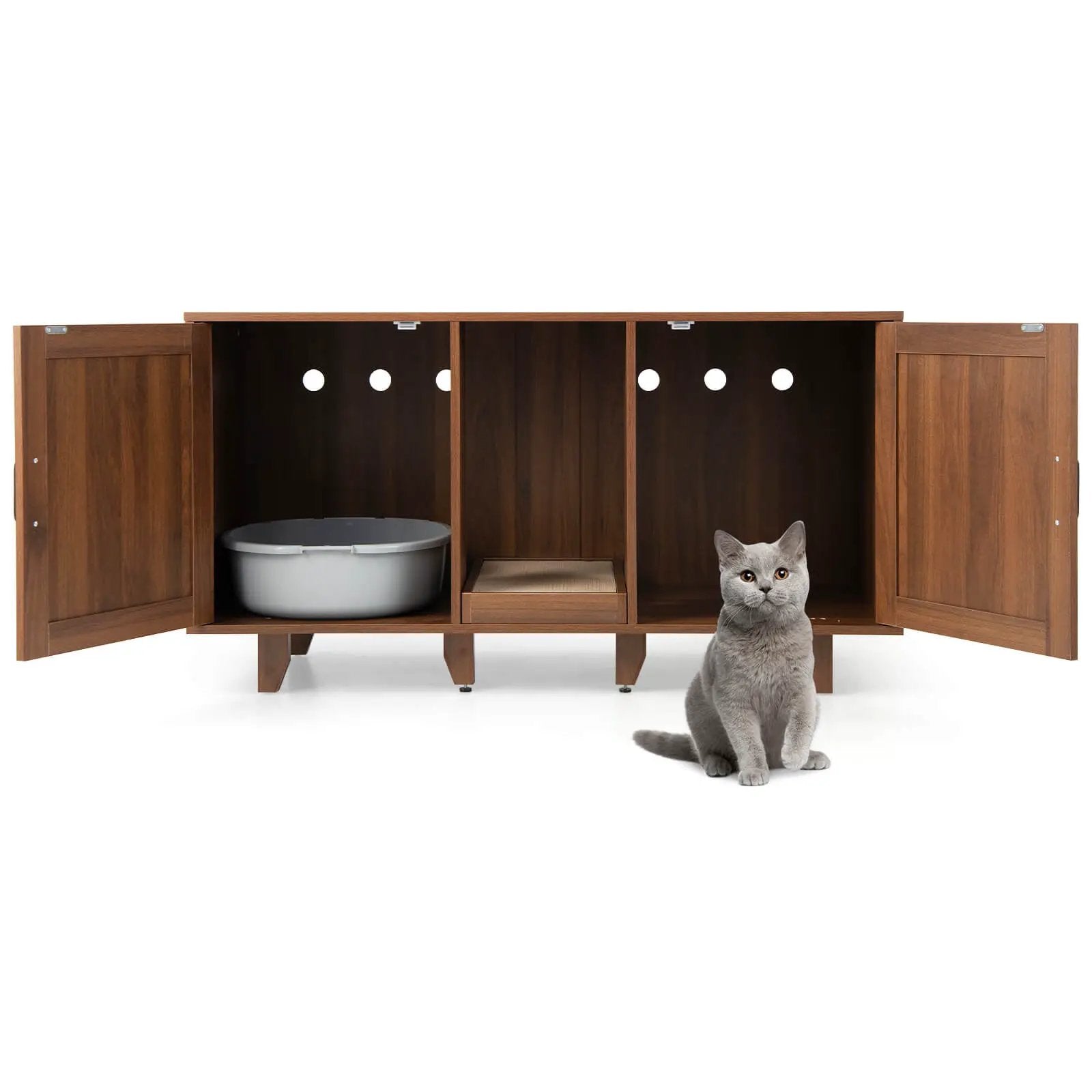 2-Door Cat Litter Box Enclosure with Winding Entry and Scratching Board by DirectDeals