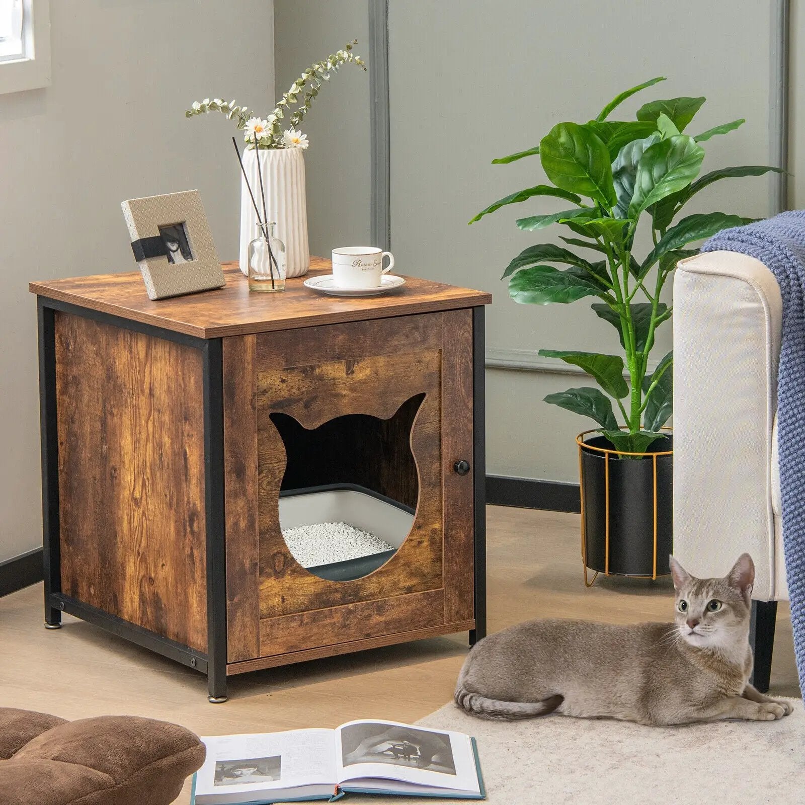 Cat Litter Box Enclosure with Door and Ventilated Hole-Brown by DirectDeals