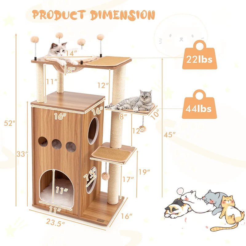 52 Inch Modern Multi-level Cat Play Center with Deluxe Hammock-Natural by DirectDeals