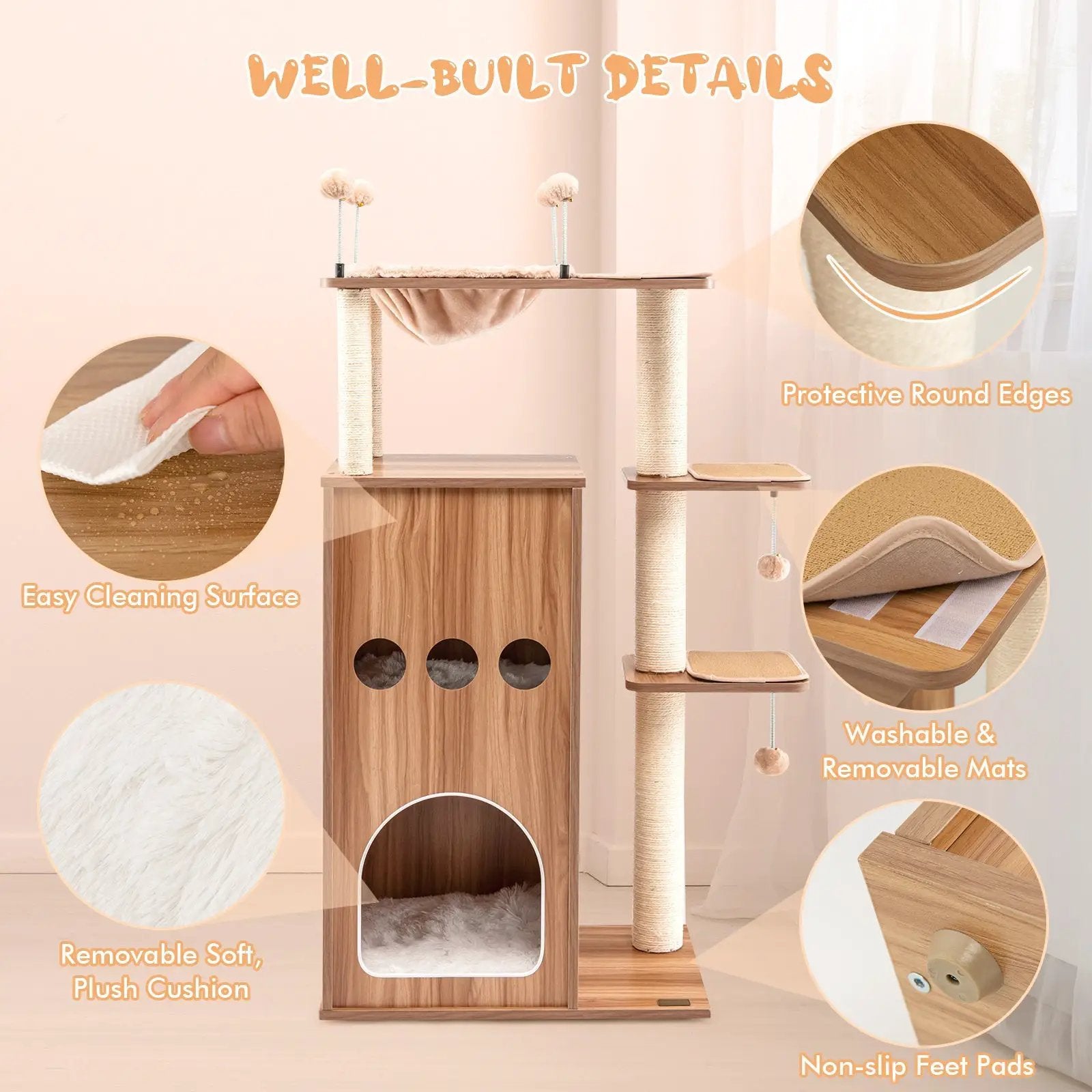 52 Inch Modern Multi-level Cat Play Center with Deluxe Hammock-Natural by DirectDeals