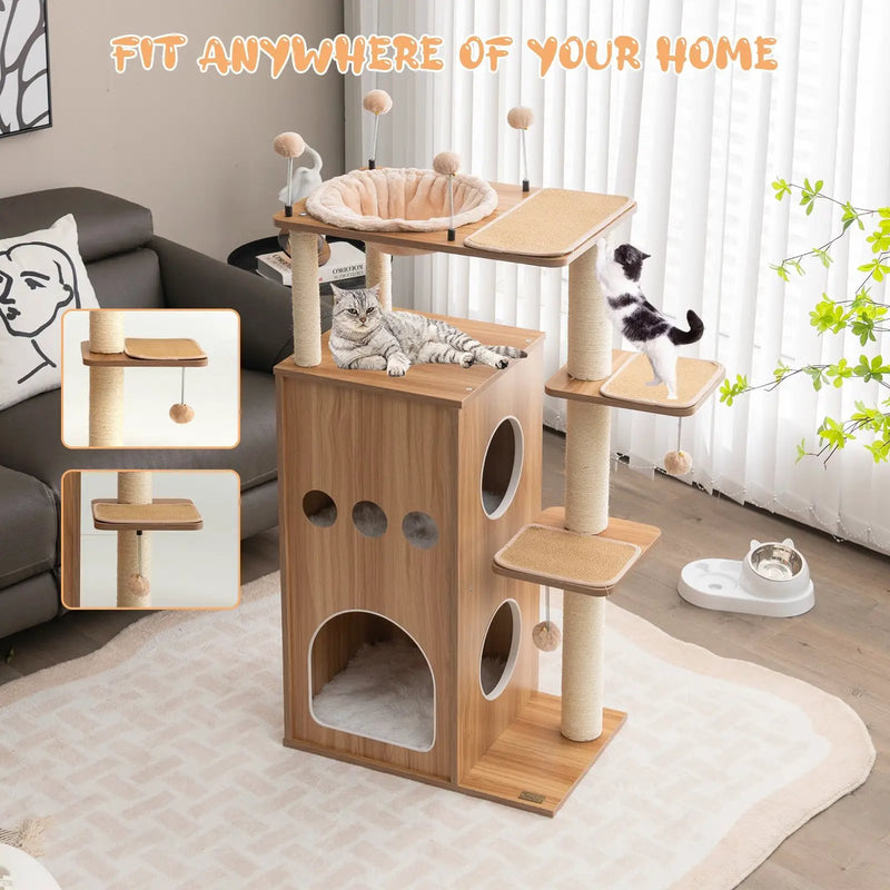 52 Inch Modern Multi-level Cat Play Center with Deluxe Hammock-Natural by DirectDeals