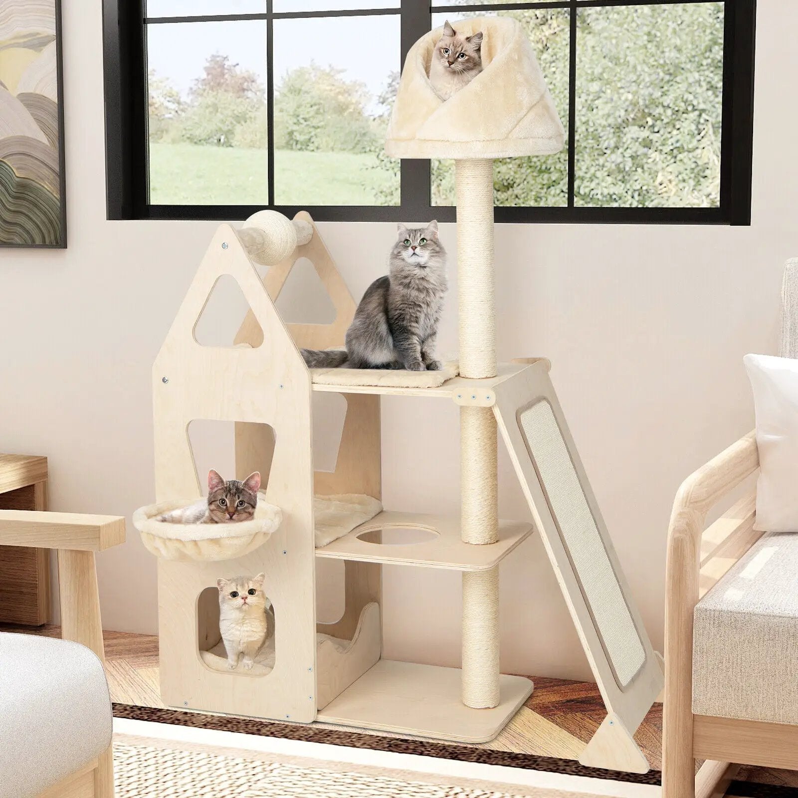 Multi-Level Cat Tree with Sisal Scratching Post-Beige by DirectDeals