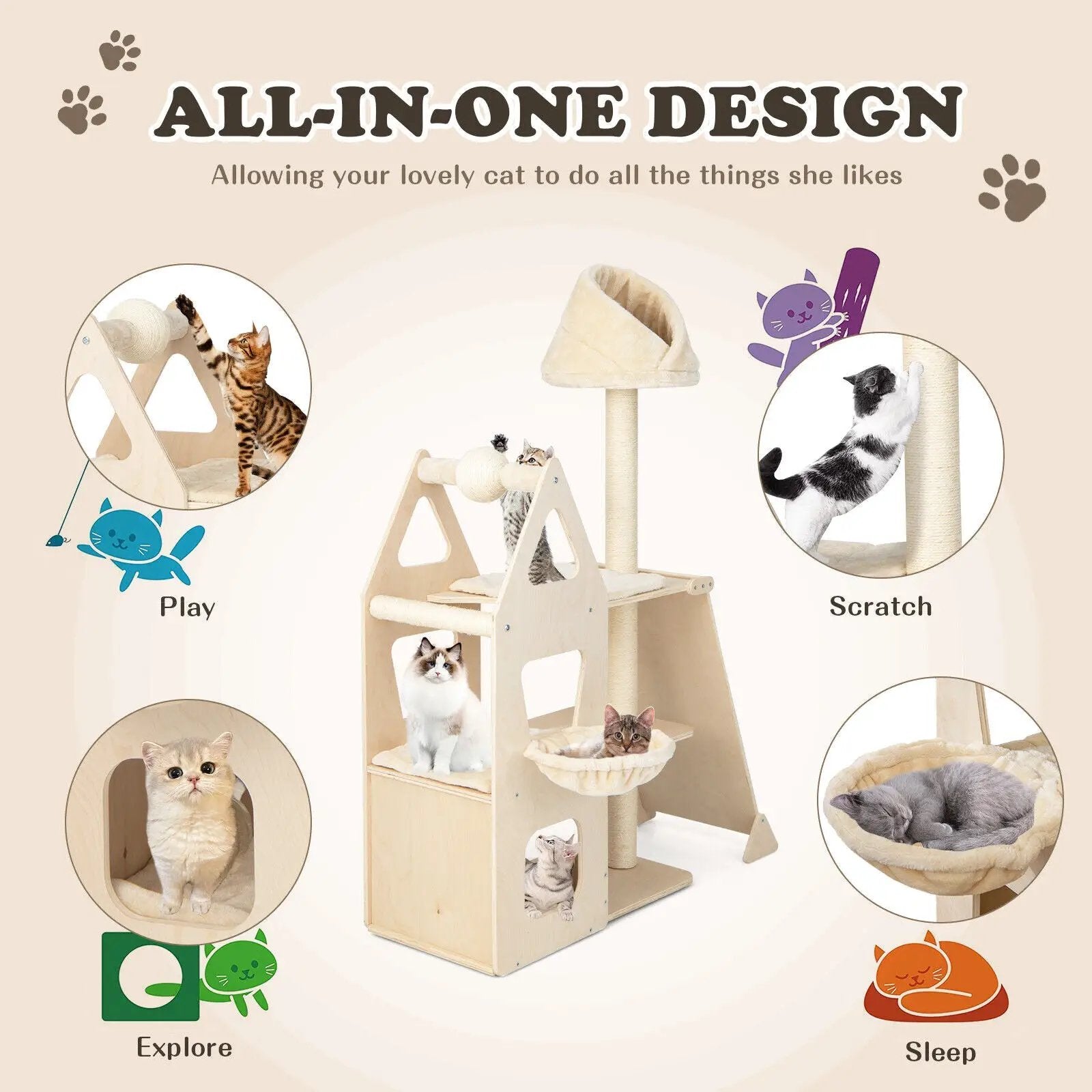 Multi-Level Cat Tree with Sisal Scratching Post-Beige by DirectDeals