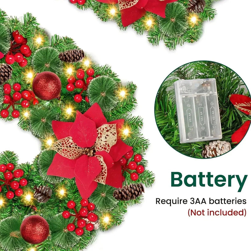 PVC Christmas Garland 9ft with LED Lights and Red Flowers by House Of Avana
