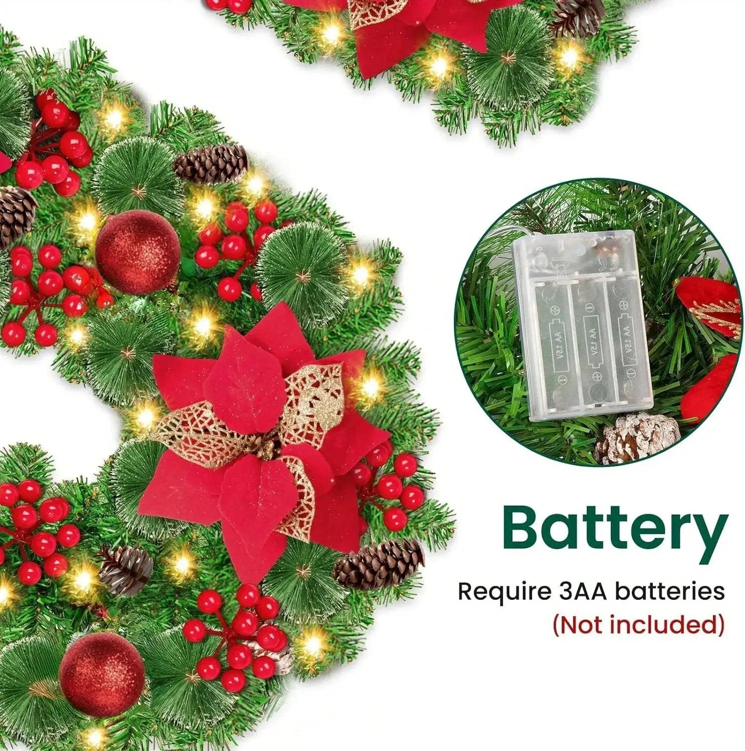 PVC Christmas Garland 9ft with LED Lights and Red Flowers by House Of Avana