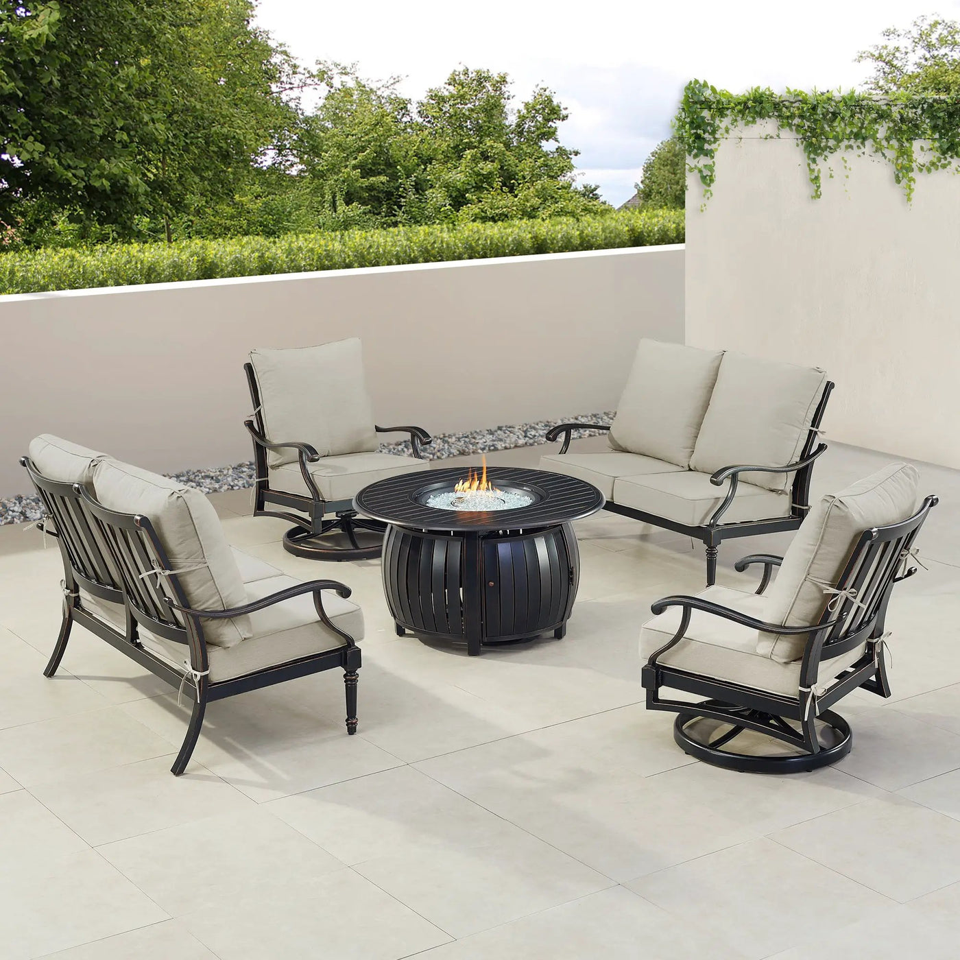Black Aluminum Fire Table Set with Two Loveseats and Two Club Chairs by Sharicks