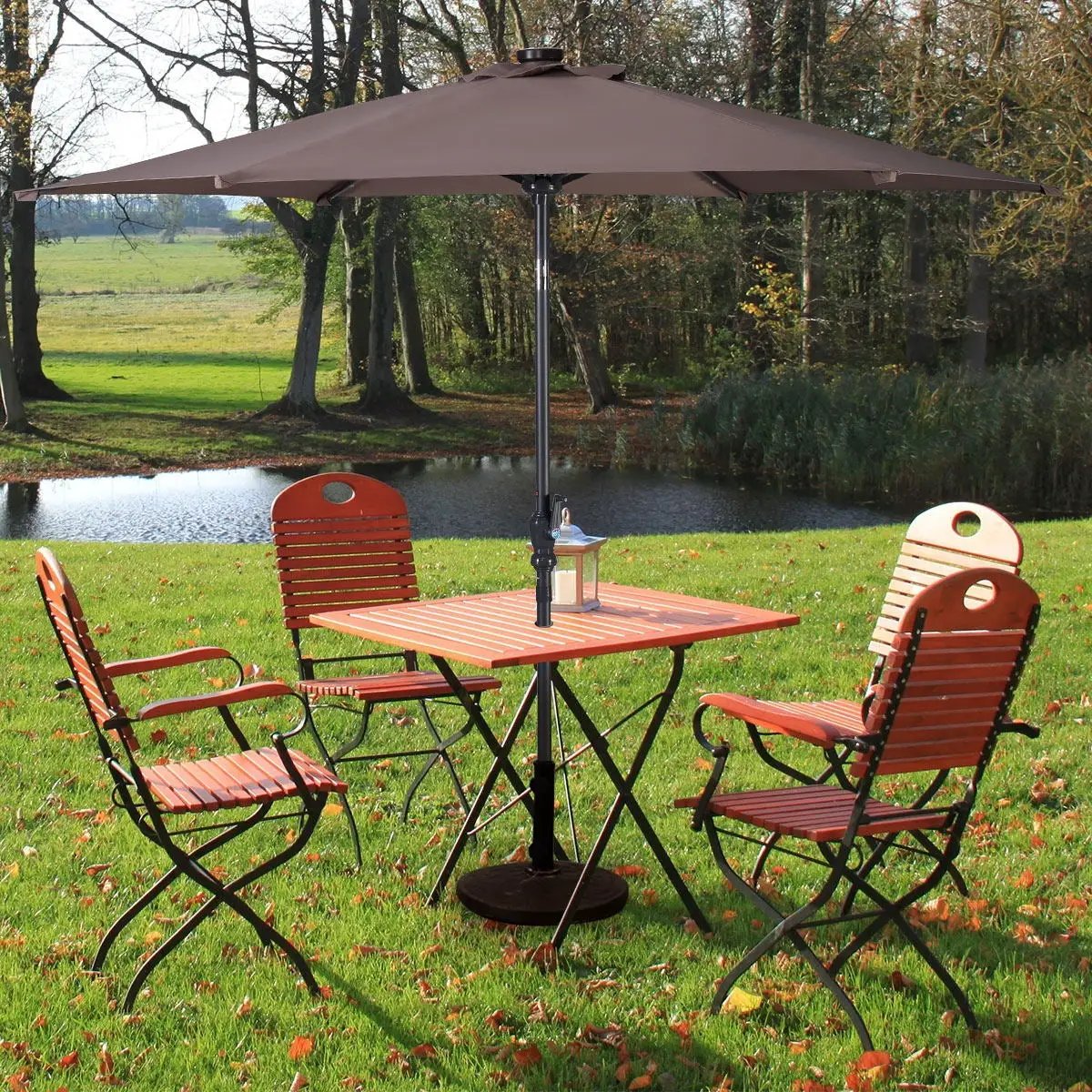 9FT Patio Solar Umbrella LED Patio Market Steel Tilt W/ Crank Outdoor New-Tan by DirectDeals