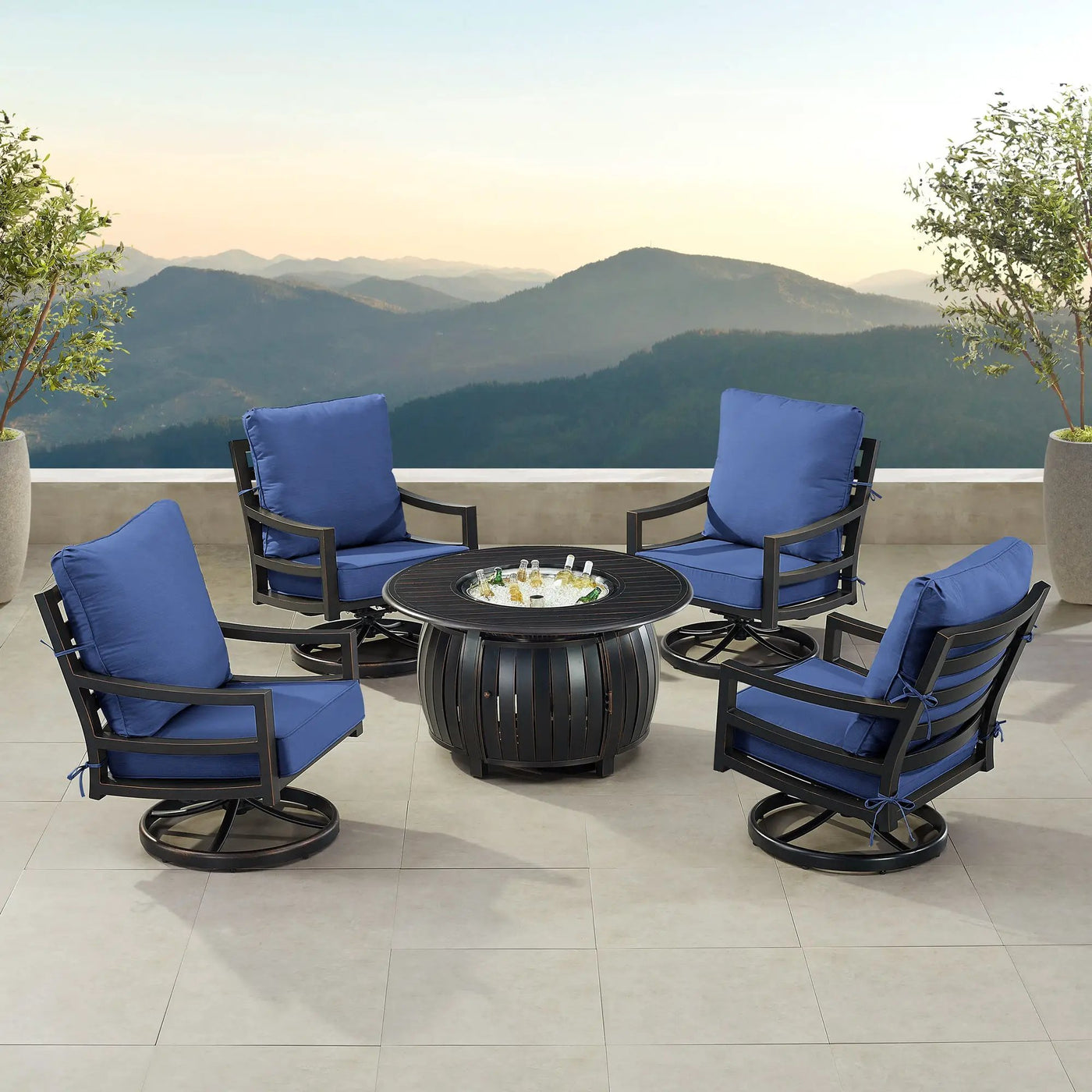 Black Aluminum Fire Table Set with Four Club Chairs by Sharicks