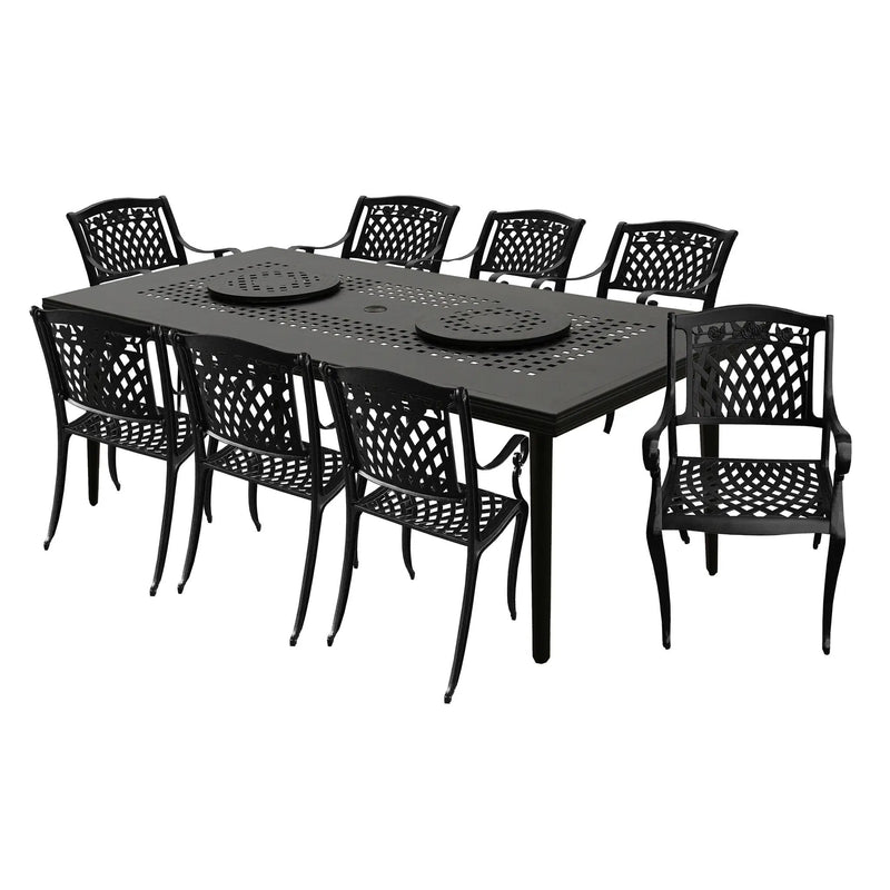 Aluminum 9pc Rectangular Patio Dining Set, Lazy Susans, Eight Chairs by Sharicks
