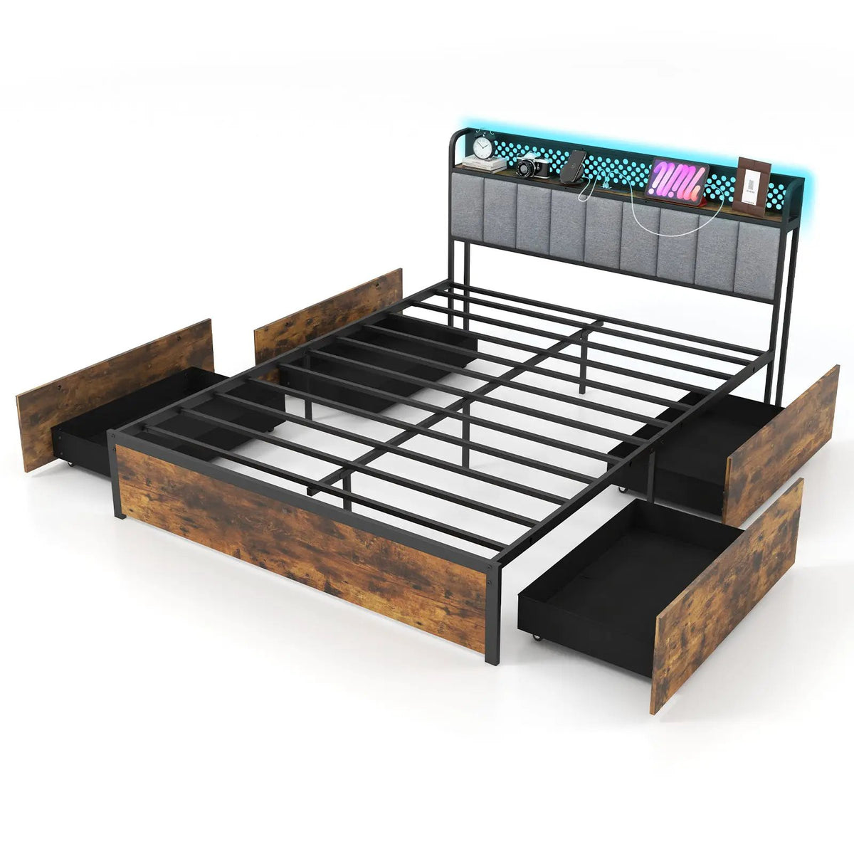 Twin/Full/Queen Bed Frame with LED Lights Upholstered Headboard and 4 Storage Drawers by DirectDeals