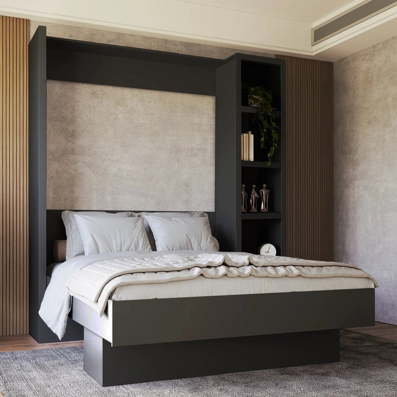 Easy-Lift Queen Murphy Wall Bed in Black with Bookshelf by Sharicks