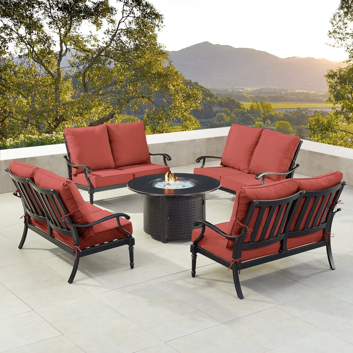 Black Aluminum Fire Table Set with Four Deep Seating Loveseats by Sharicks