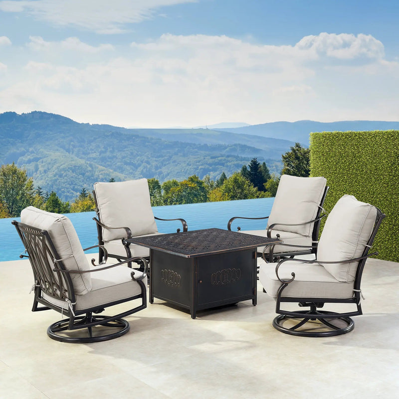 Black Aluminum Fire Table Set with Four Club Chairs by Sharicks